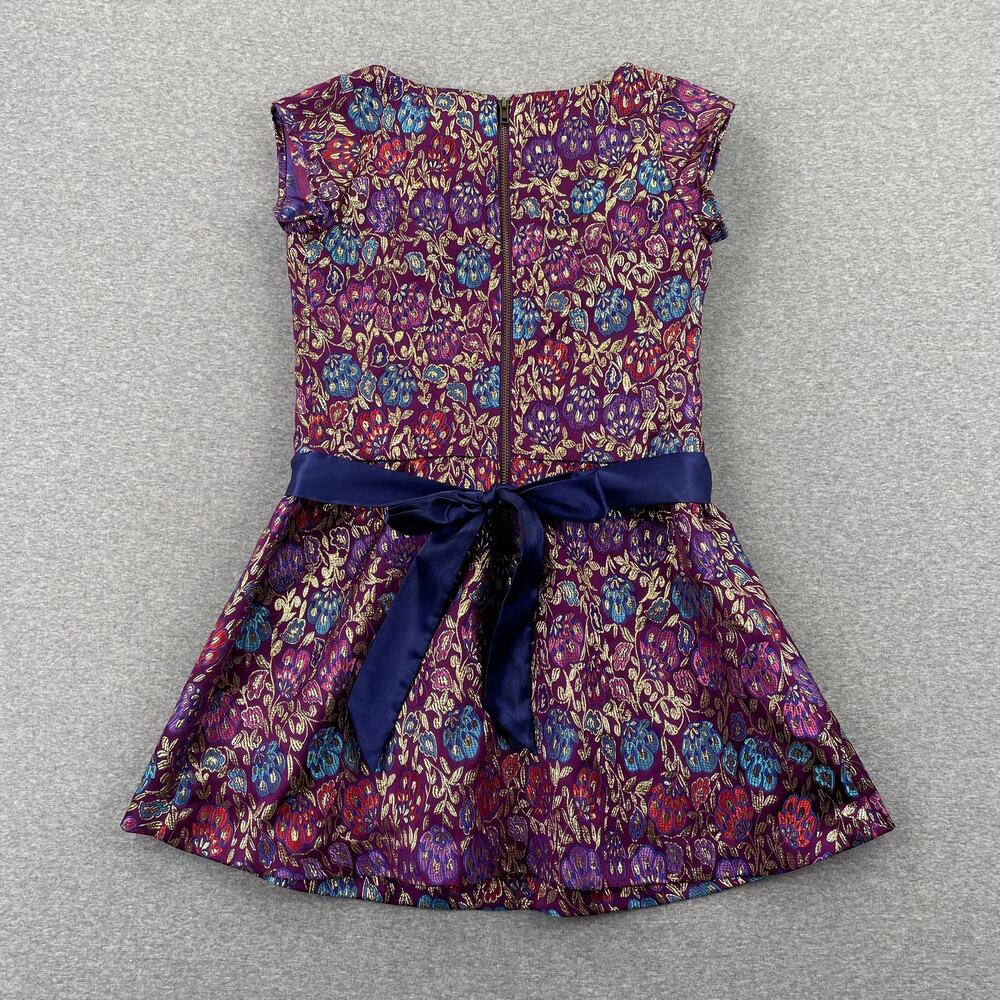 American Girl Purple Floral Metallic Holiday Party Dress Size 7 Blue Satin Sash - Picture 2 of 13